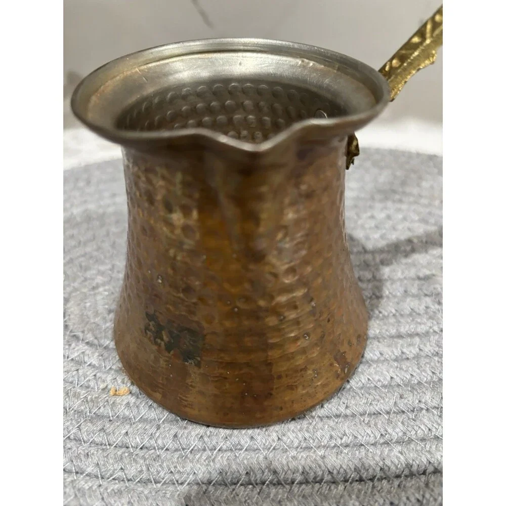 Vintage Hammered Copper Turkish Coffee Pot With Intricate Brass Handle